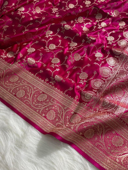 Rani Pink Floral Jaal Pattern Satin Katan Silk Saree