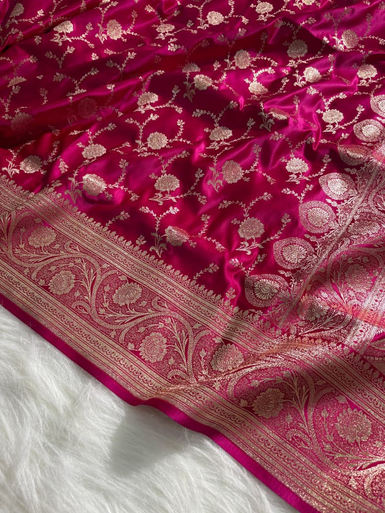 Rani Pink Floral Jaal Pattern Satin Katan Silk Saree