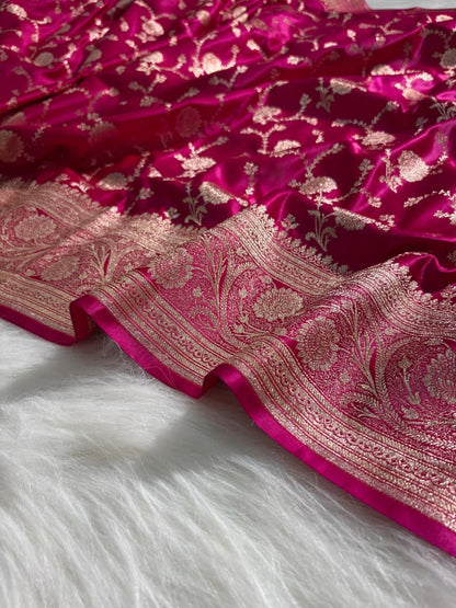 Rani Pink Floral Jaal Pattern Satin Katan Silk Saree