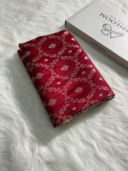 Satin Katan Silk Floral Jaal Saree in Maroon Shade