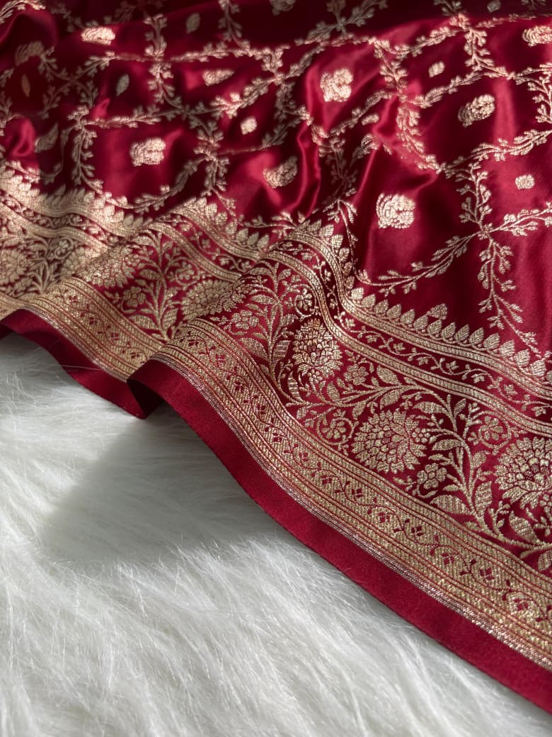 Satin Katan Silk Floral Jaal Saree in Maroon Shade