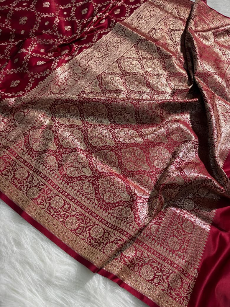 Satin Katan Silk Floral Jaal Saree in Maroon Shade