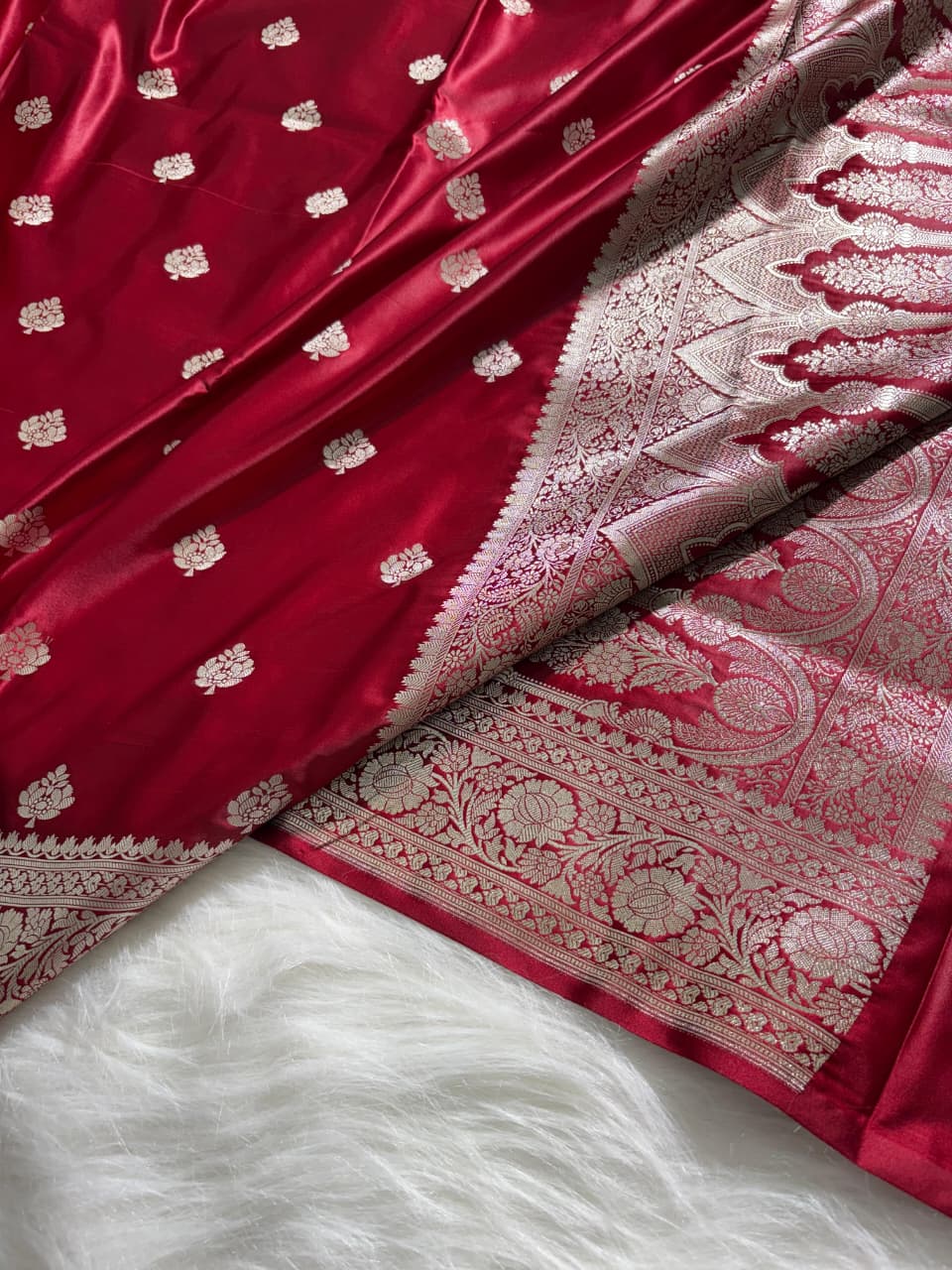 Maroon Shades Boota Satin Katan Silk Saree