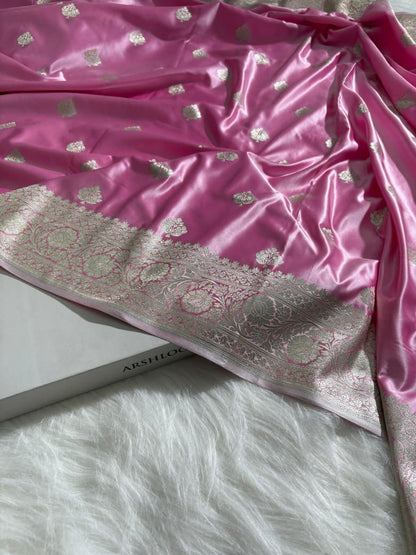 Baby Pink Shades Boota Satin Katan Silk Saree
