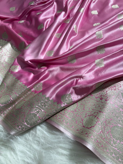 Baby Pink Shades Boota Satin Katan Silk Saree