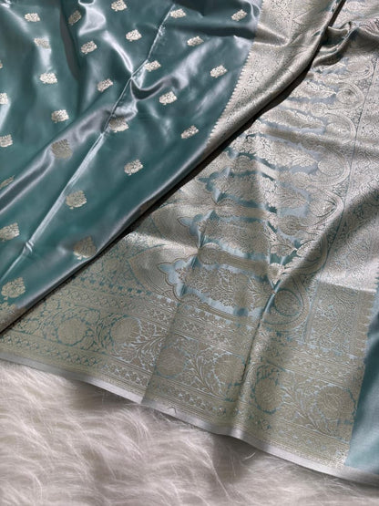 Sea Green Shades Boota Satin Katan Silk Saree