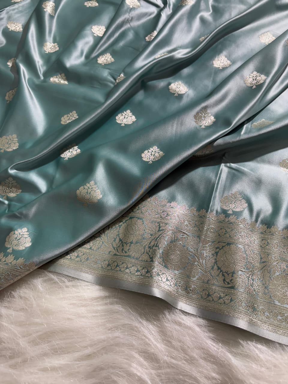 Sea Green Shades Boota Satin Katan Silk Saree