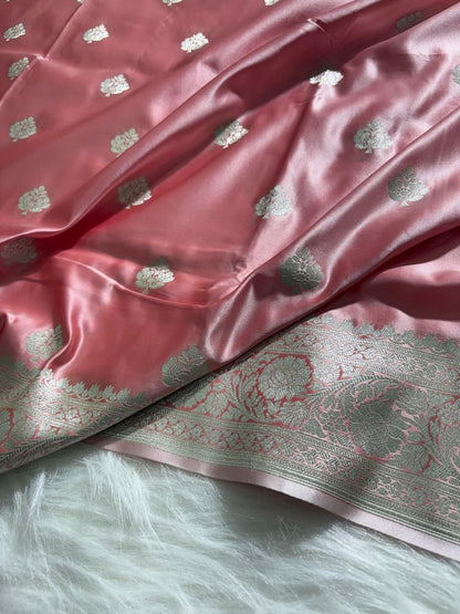 Rose Gold Shades Boota Satin Katan Silk Saree