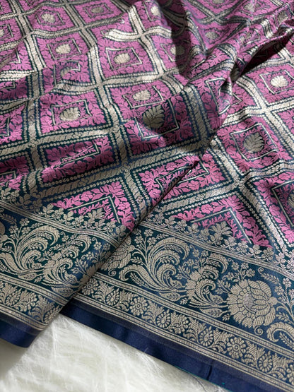 Purple - Navy Blue Shades Mashru Silk in Geometric Jaal Motifs