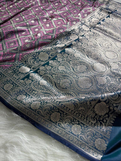 Purple - Navy Blue Shades Mashru Silk in Geometric Jaal Motifs