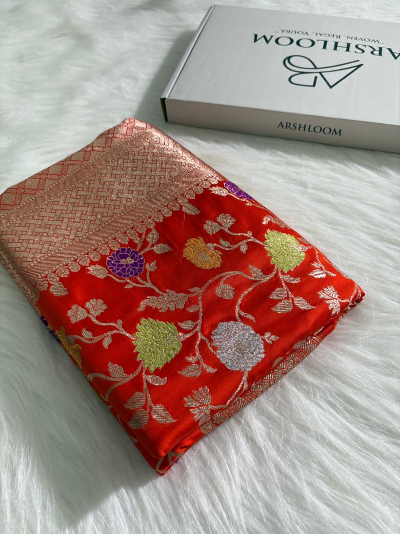 Vermilion Orange Minakari Floral Jaal Mashru Silk Saree