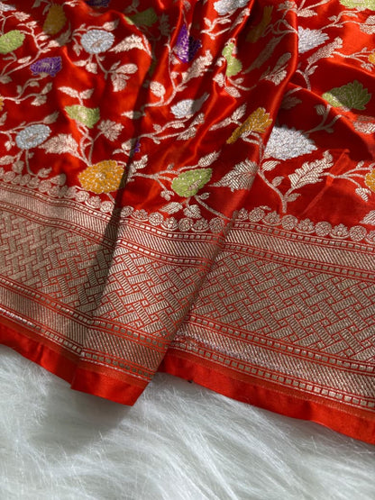 Vermilion Orange Minakari Floral Jaal Mashru Silk Saree