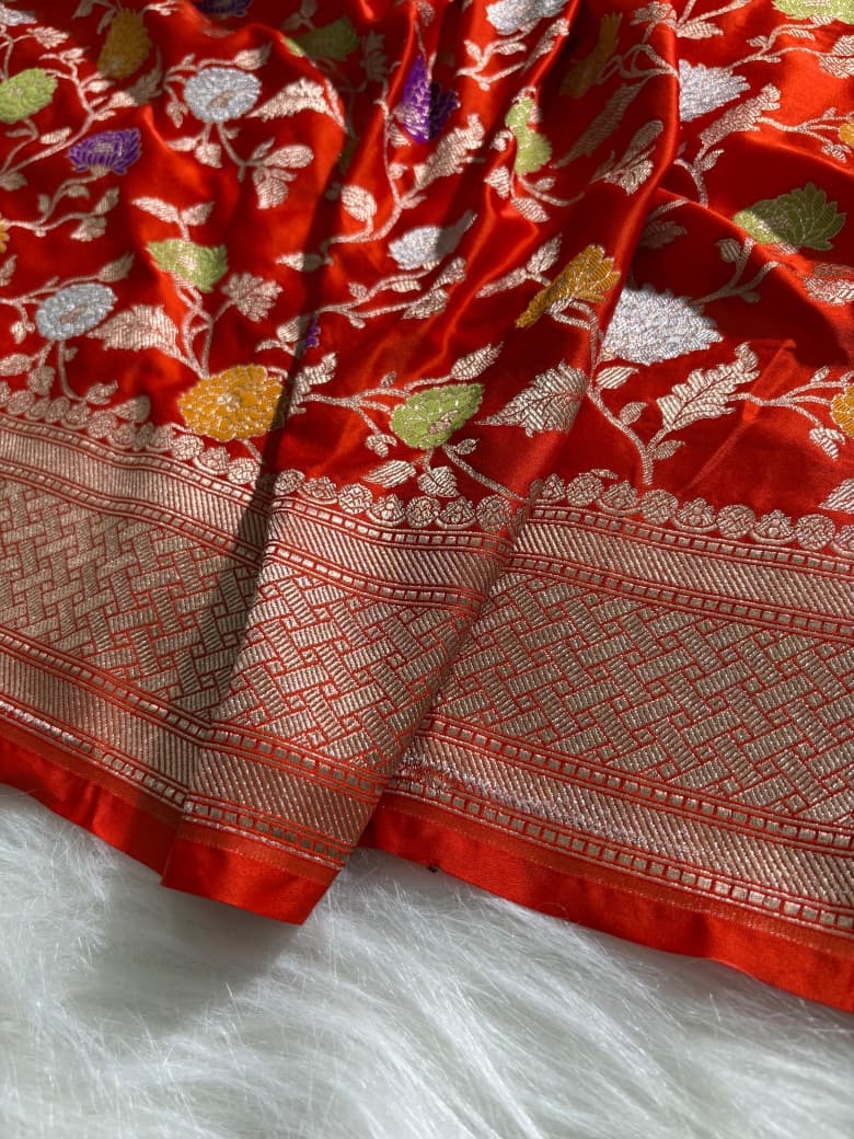 Vermilion Orange Minakari Floral Jaal Mashru Silk Saree