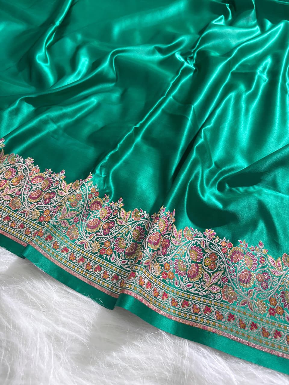 Emerald Green Plain Satin Katan with Meenakari border pallu SKM-02