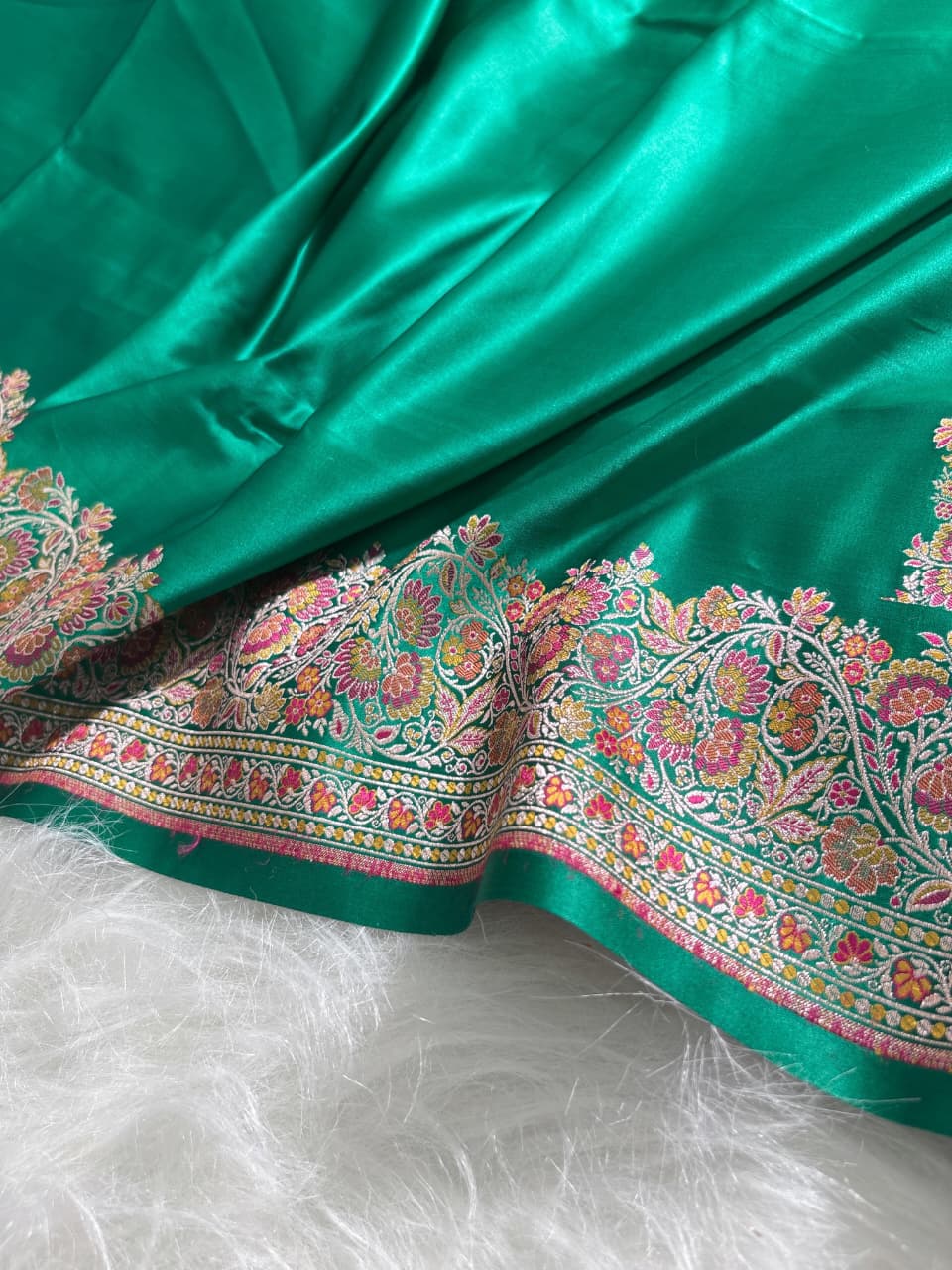 Emerald Green Plain Satin Katan with Meenakari border pallu SKM-02