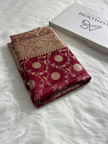 Maroon Floral Jaal Pattern Satin Katan Silk Saree SK-18