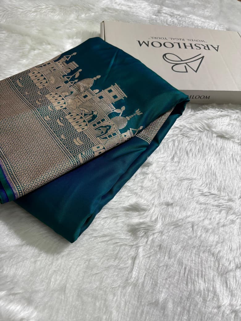 Banarasi Ghat Pattern Teal Blue Satin Katan Silk Saree SK11