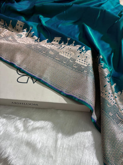Banarasi Ghat Pattern Teal Blue Satin Katan Silk Saree SK11