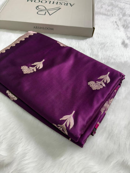 Premium Wine Banarasi Floral Motifs Katan Silk Saree SKM17