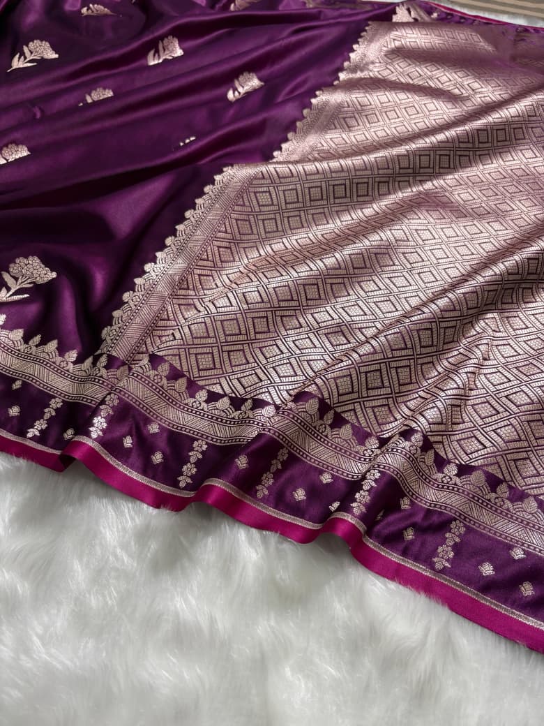 Premium Wine Banarasi Floral Motifs Katan Silk Saree SKM17