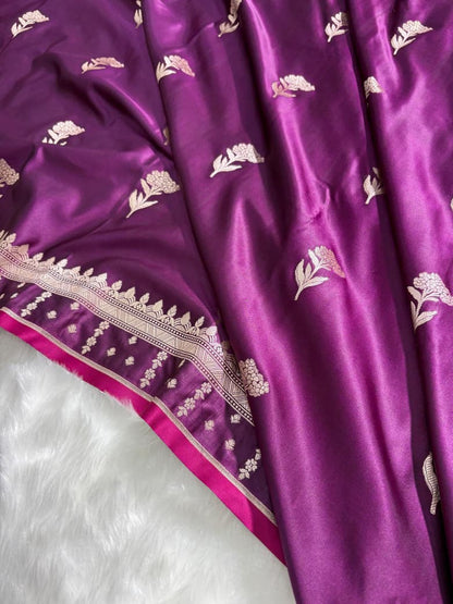 Premium Wine Banarasi Floral Motifs Katan Silk Saree SKM17