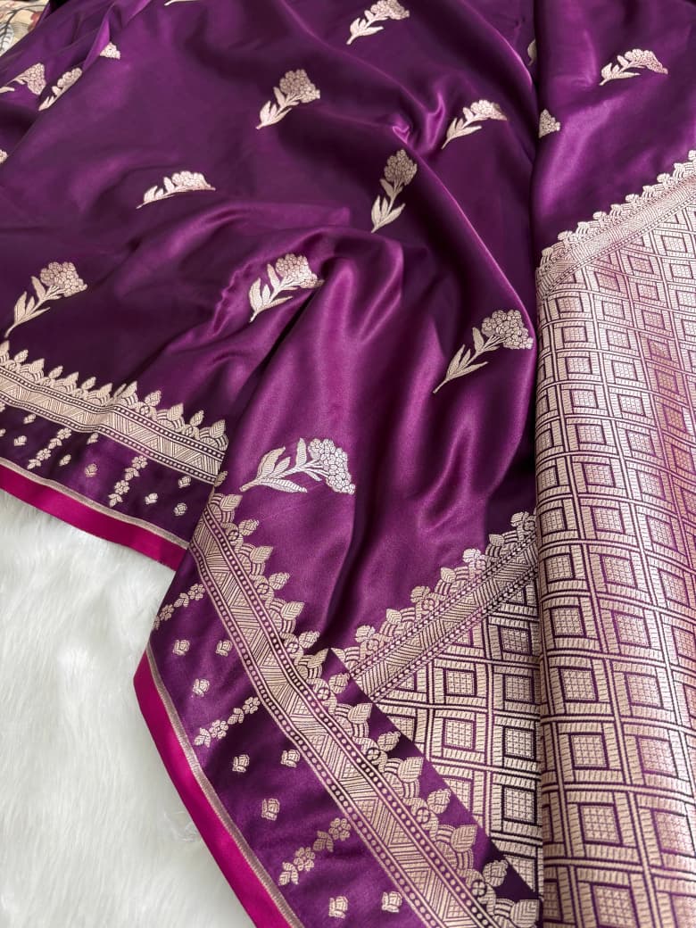 Premium Wine Banarasi Floral Motifs Katan Silk Saree SKM17