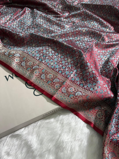 Wine-Maroon Jamawar Tanchoi Katan Silk Saree SKTM-14