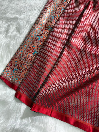 Crimson Red Jamawar Tanchoi Katan Silk Saree SKTM-14