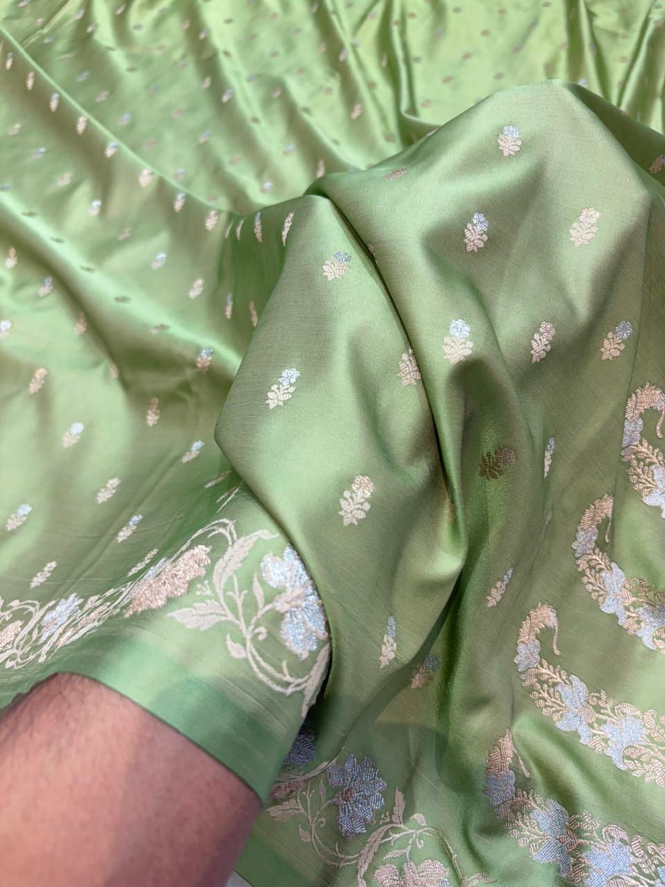 Banarasi Pista Green Satin Mashru Silk Saree