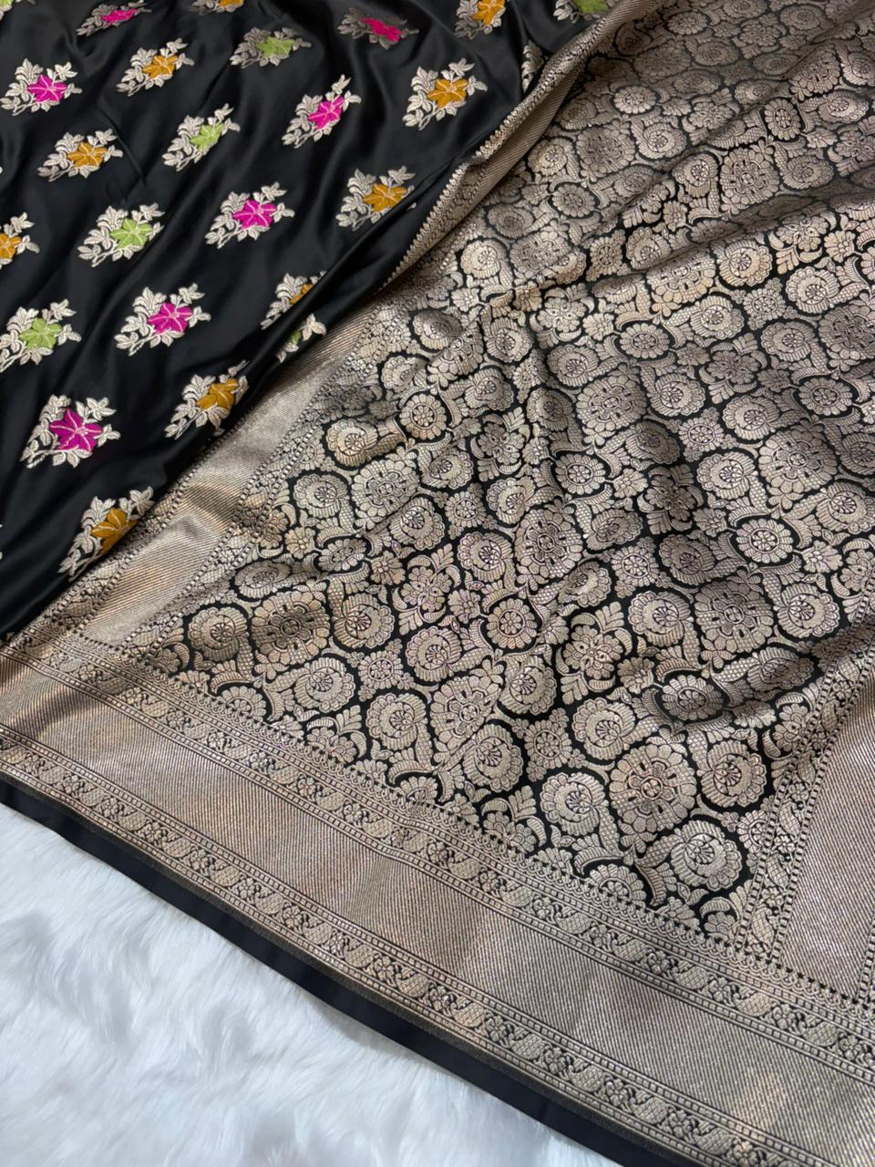 Banarasi Floral Minakari Satin Katan Silk Saree
