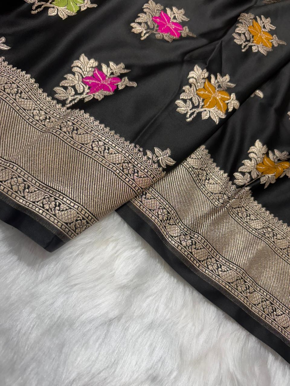 Banarasi Floral Minakari Satin Katan Silk Saree