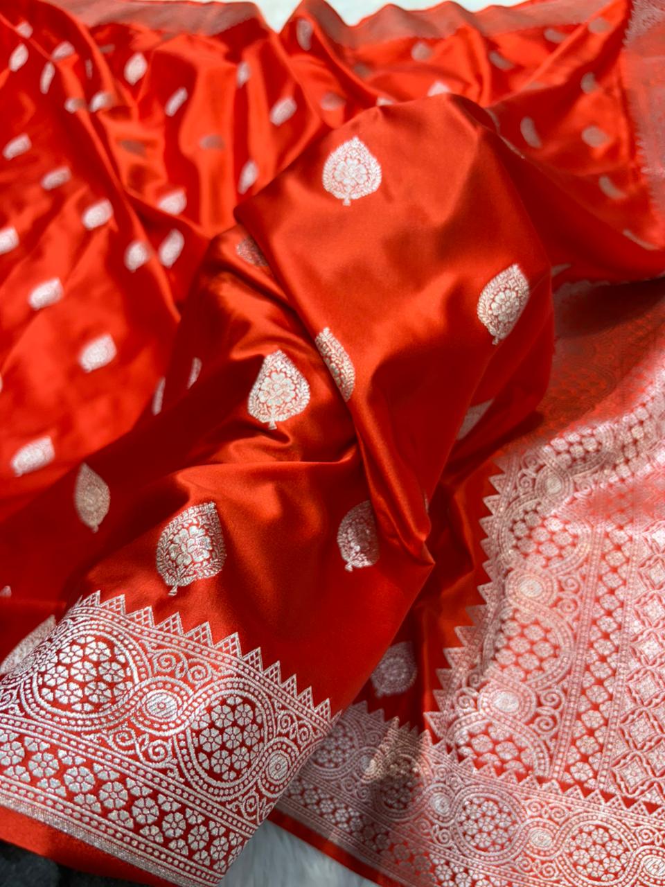 Banarasi Orange Mashru Boota Silk Saree