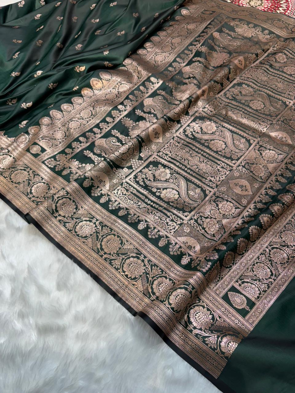 Banarasi Satin Katan Silk Booti in Bottle Green Shades