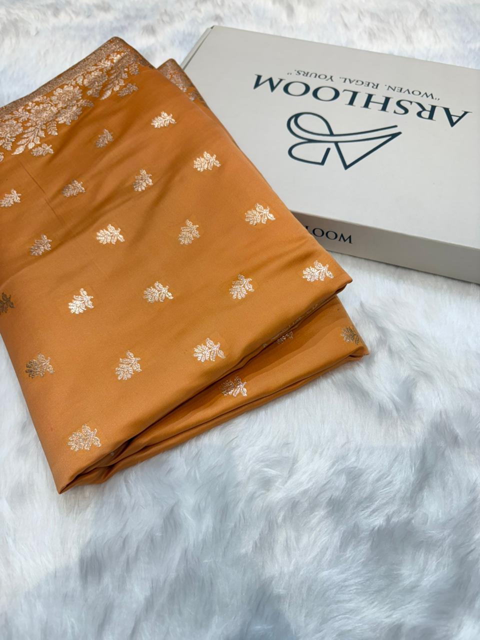 Banarasi Satin Katan Silk Floral Booti in Mustard Gold Shades