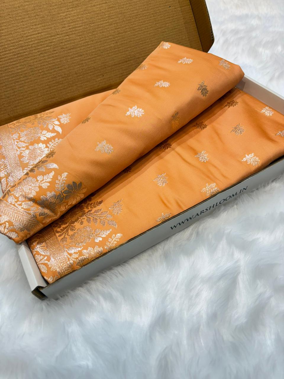 Banarasi Satin Katan Silk Floral Booti in Mustard Gold Shades