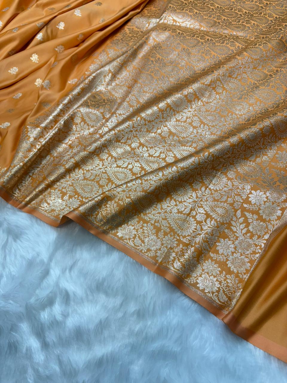 Banarasi Satin Katan Silk Floral Booti in Mustard Gold Shades