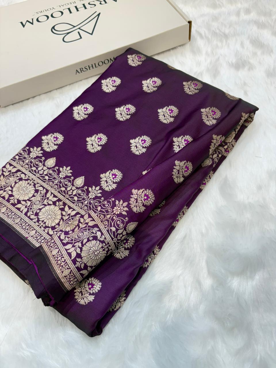Minakari Wine Banarasi Boota Pattern Mashru Silk Saree
