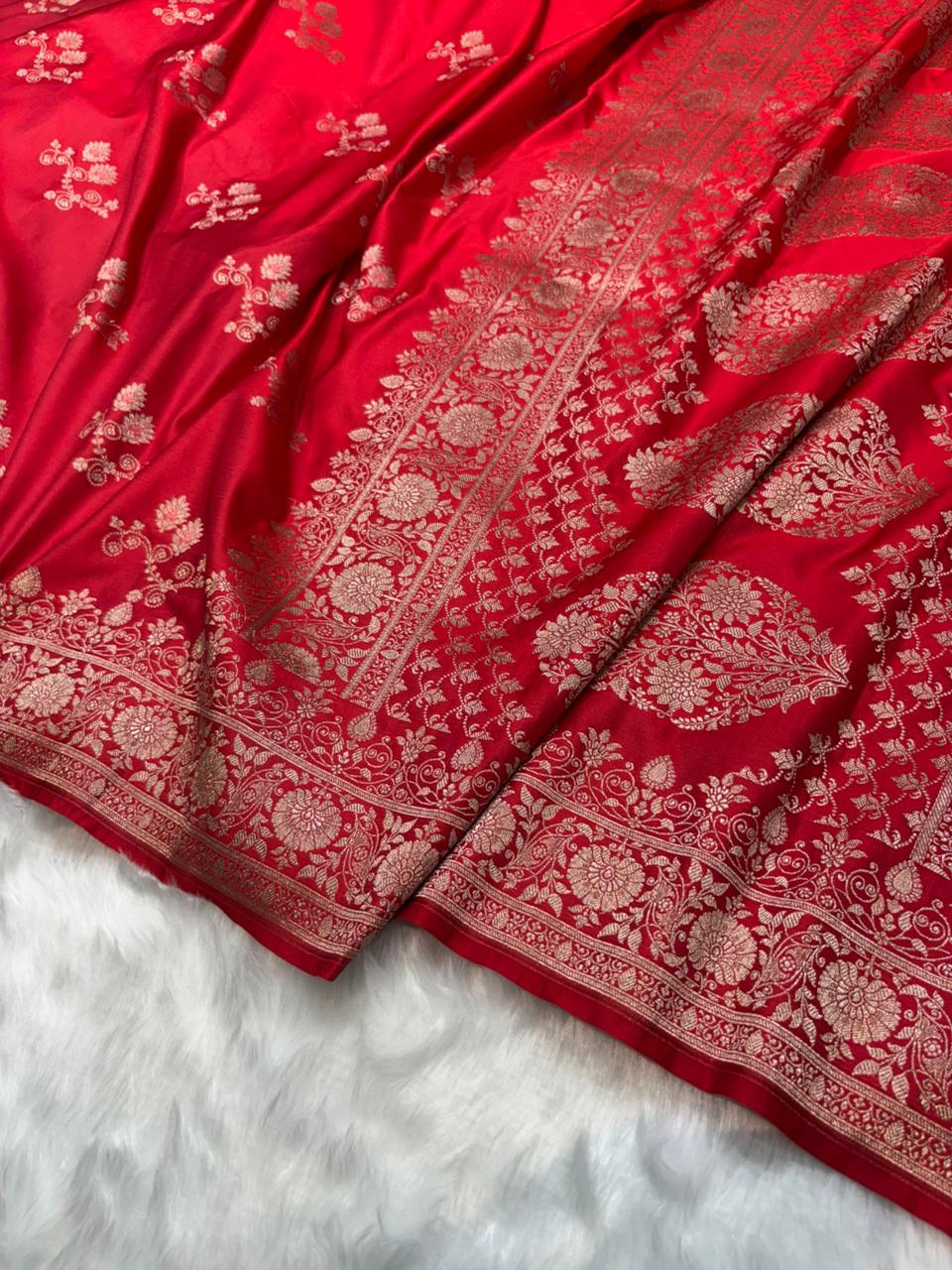Banarasi Red Shades Floral Meena Mashru Silk Saree