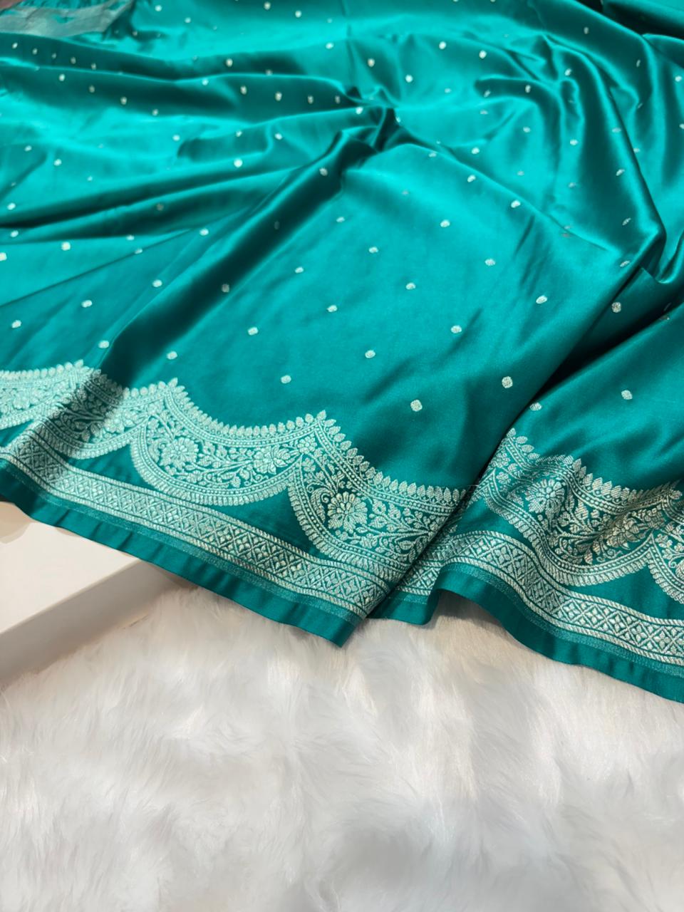 Banarasi Scallop Mashru Silk Dot Booti in Emerald Teal Shades