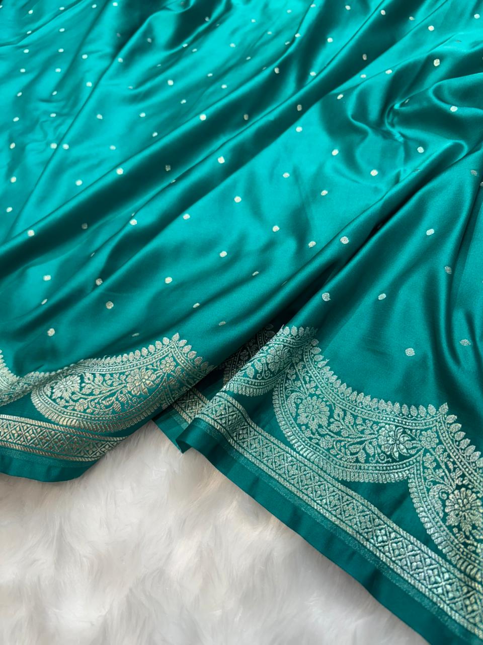 Banarasi Scallop Mashru Silk Dot Booti in Emerald Teal Shades