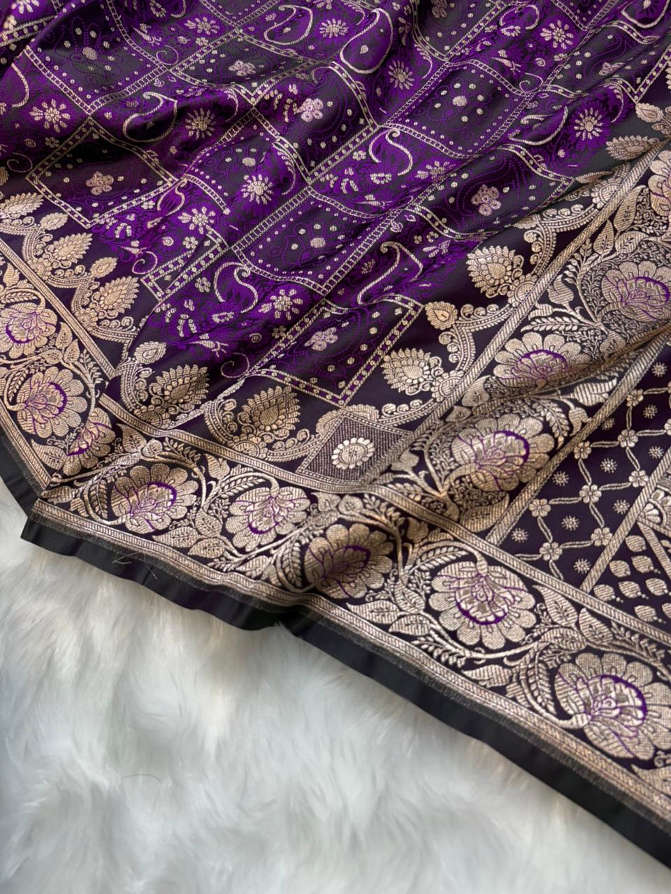 Banarasi Checkered Jaal with Floral Motifs Mashru Silk in Wine Purple Shades