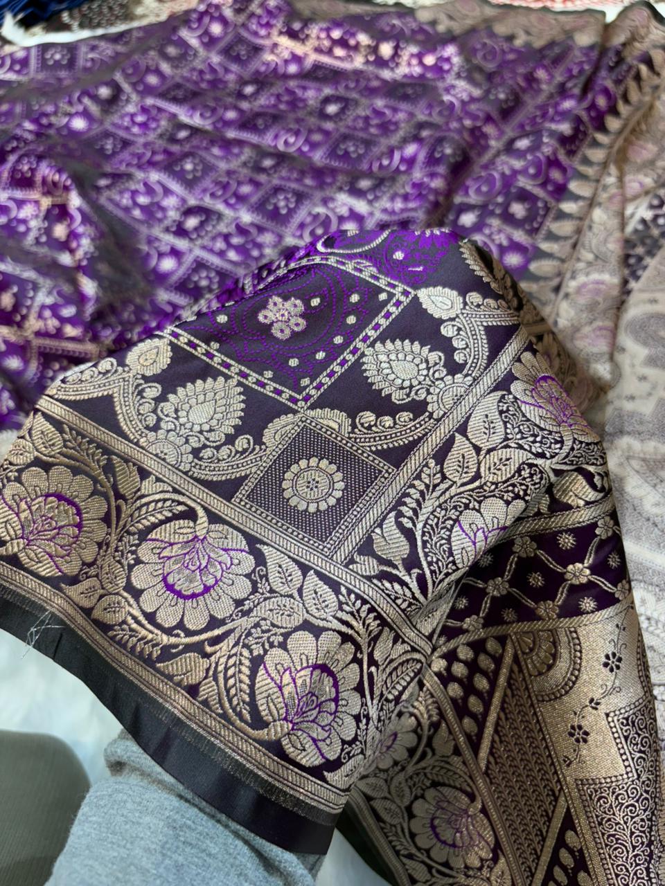 Banarasi Checkered Jaal with Floral Motifs Mashru Silk in Wine Purple Shades