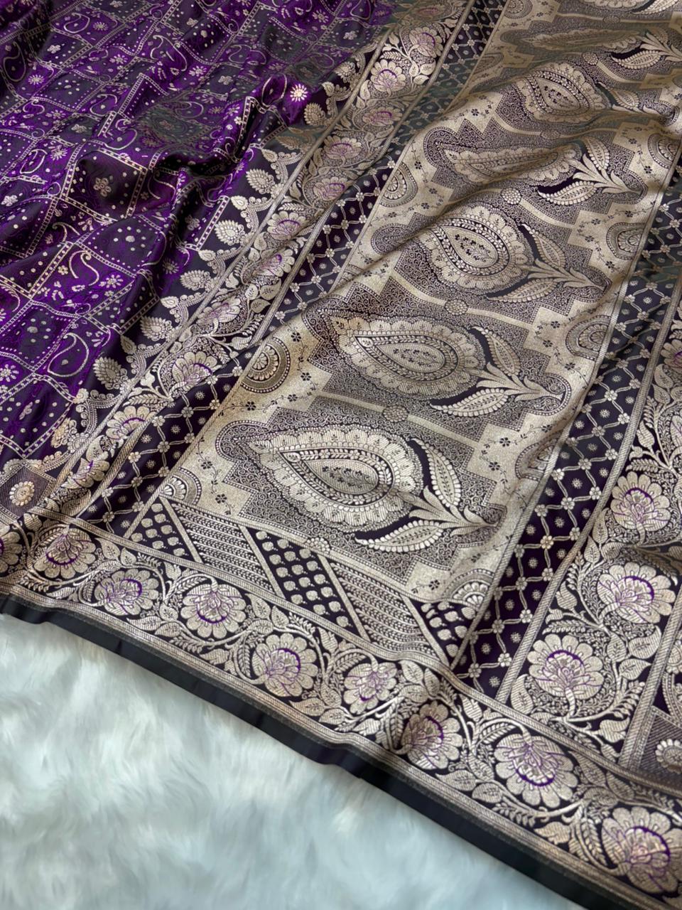 Banarasi Checkered Jaal with Floral Motifs Mashru Silk in Wine Purple Shades