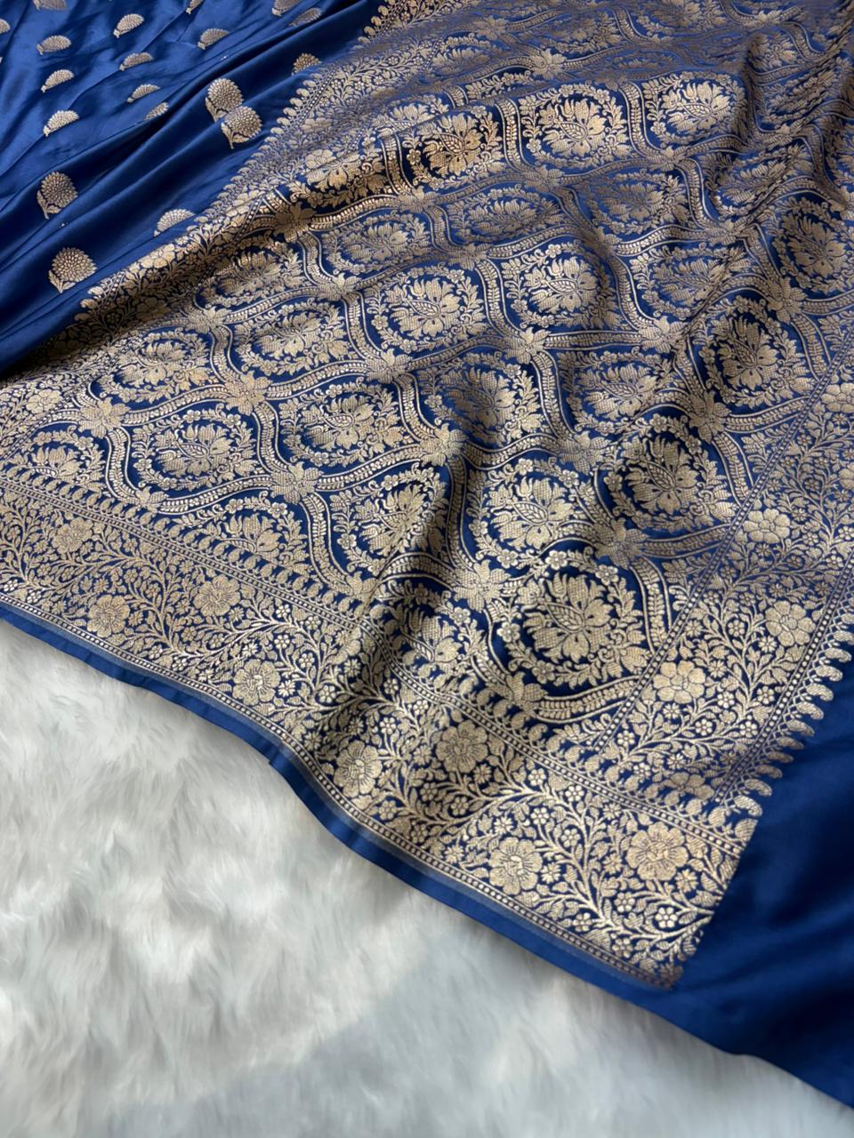 Sapphire Blue Shades Banarasi Floral Boota Mashru Silk Saree
