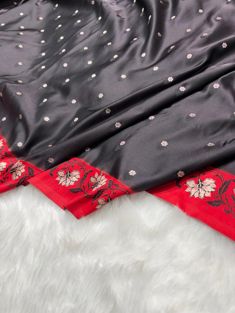 Contrast Black With Red Floral Boota With Floral Border Mashru Silk Saree