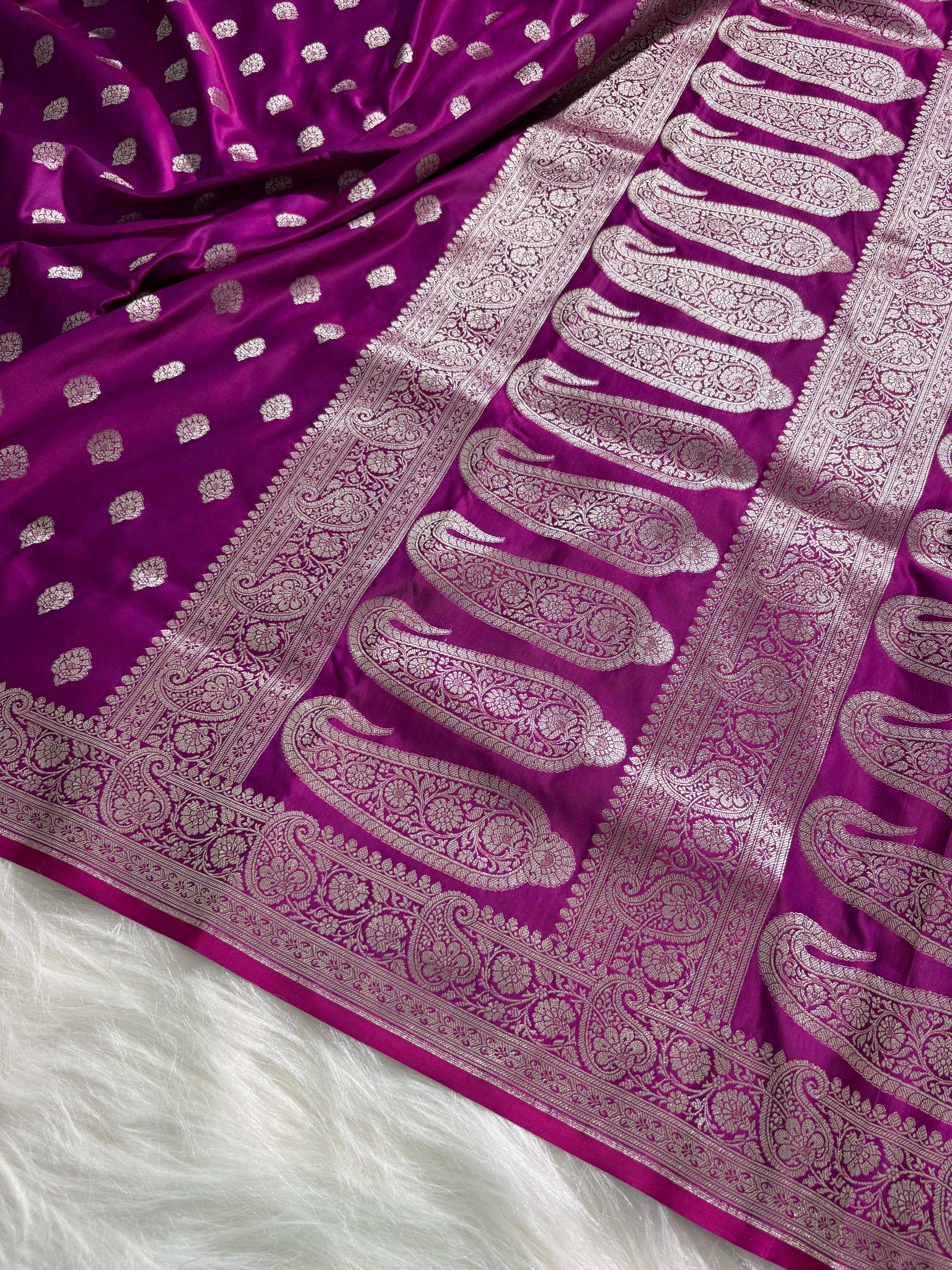 Magenta Pink Boota Satin Katan Silk Saree