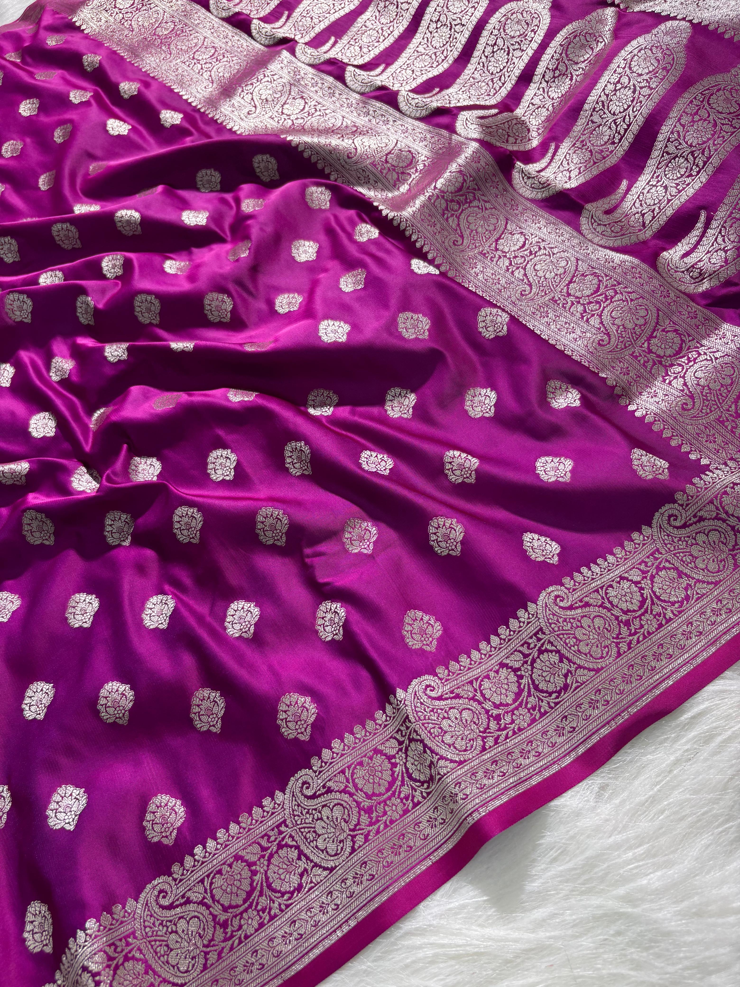 Magenta Pink Boota Satin Katan Silk Saree