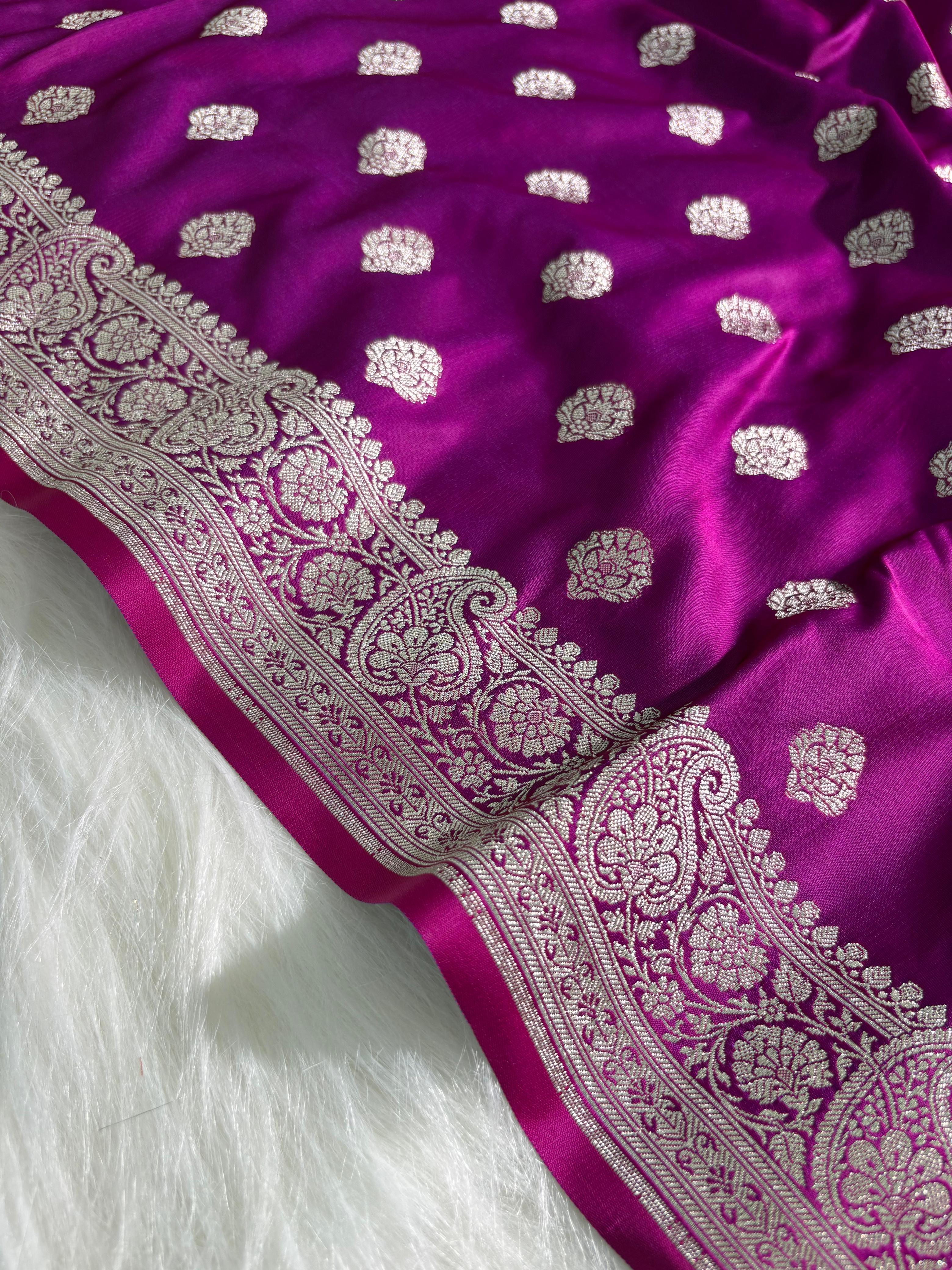 Magenta Pink Boota Satin Katan Silk Saree