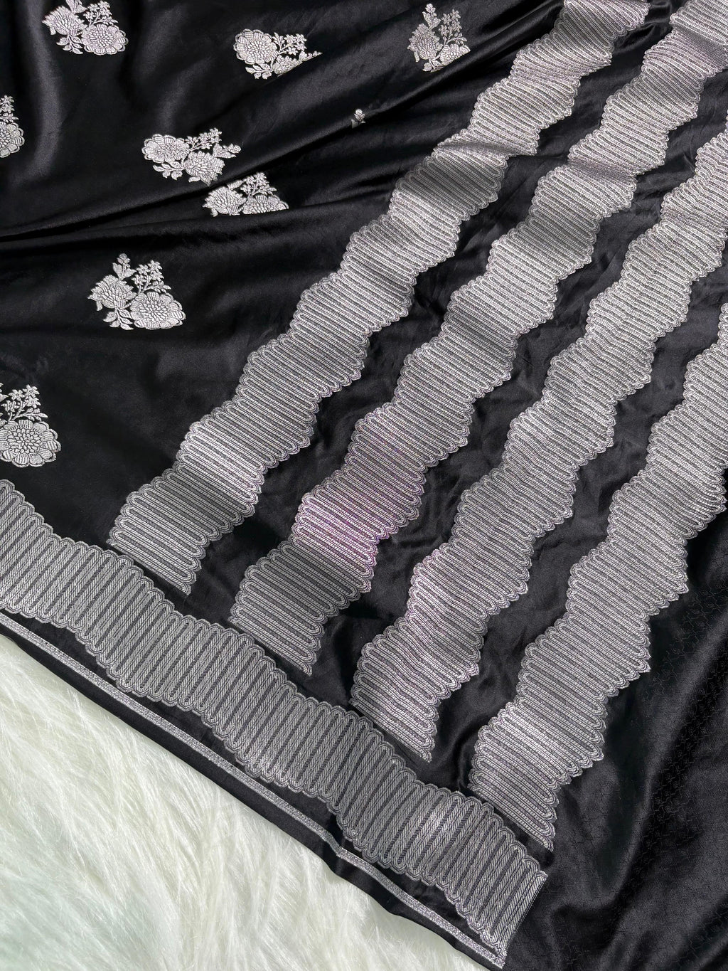 Floral Boota Scallop Black Mashru Silk Saree