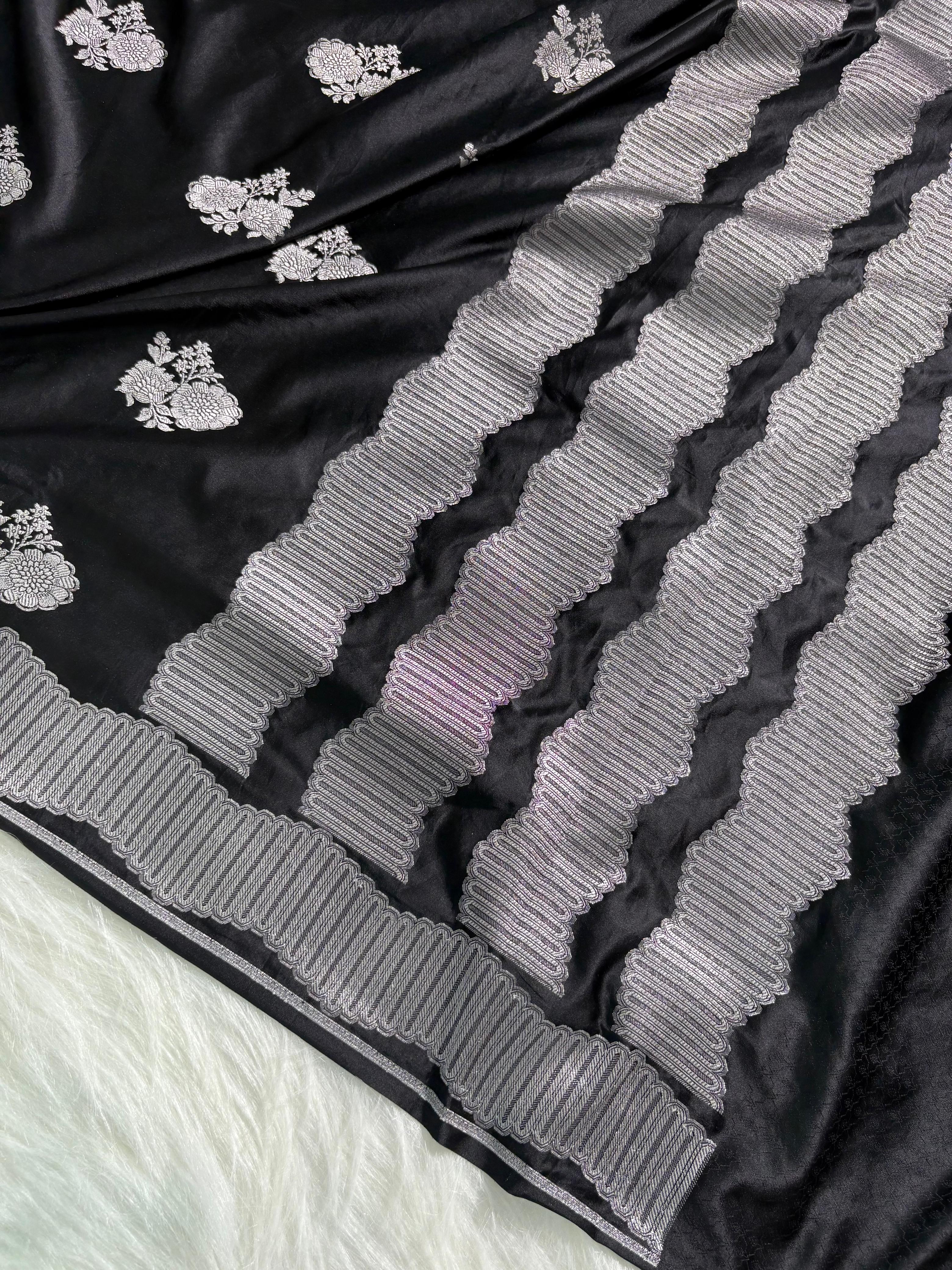 Floral Boota Scallop Black Mashru Silk Saree